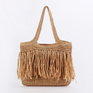 Bolso de Playa Casual de Verano con Borlas Largas, Bolso de Ganchillo Natural Marrón, Bolso de Paja de Papel de Alta Calidad para Regalo Promocional - Product Image 2