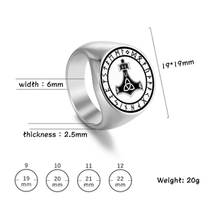R049 토르의 망치 묠니르 바이킹 룬 서클 켈트 부적 보석 레이저 새겨진 스테인레스 스틸 링 - Product Image 3