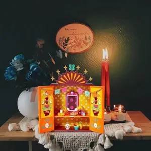 DAMAI dekorasi meja kotak kayu upeti ornamen kuning oranye kerajinan tangan dekorasi meja untuk hari Meksiko mati