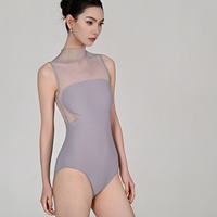 Justaucorps de danse respirant pour femme, une pièce, col montant, avec empiècements en maille, pour la gymnastique et l'entraînement