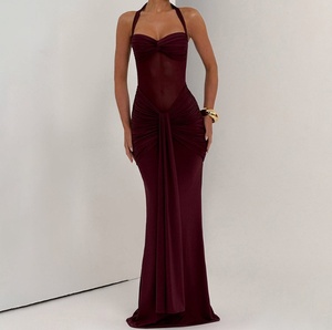 Viviblook Z331DS01 Vestidos de Verano para Mujer, Nuevo Vestido Maxi Elegante sin Mangas con Tirantes Halter, Malla y Cinta Decorativa - Product Image 3