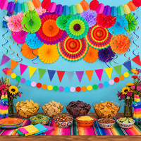 Lot de 33 décorations de fête Fiesta en gros : éventails en papier colorés, pompons, guirlandes et spirales suspendues pour fête à thème mexicain