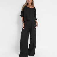 Ensemble décontracté deux pièces en mélange de lin pour femme : haut à col rond et manches mi-longues, pantalon large – Vente en gros et personnalisation