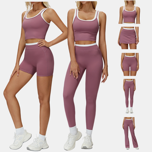 Ensemble de cinq pièces pour femmes, haut sans manches rembourré à blocs de couleur, jupe trapèze, shorts, leggings slim, pantalon large, yoga - Product Image 2