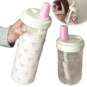 Botella de Agua Reutilizable de 500/700 ml con Pajita y Lazo Rosa, Linda Botella para Café, Té con Leche, Burbujas, para Uso Escolar, al Aire Libre, para Adultos, Modelo T0S6 - Product Image 6