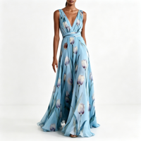 Robe longue en mousseline de soie à imprimé floral pour femmes, col en V profond, sans manches, taille cintrée, plissée, coupe évasée, avec poches
