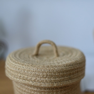 Jute Woven <b>Basket</b> Round Storage Box With Lid Handmade Desktop Organizer For Cosmetics Keys Snacks - Product Image 3