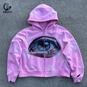 Sweat à capuche rose en polaire entièrement zippé avec motif graphique aérographe personnalisé, coupe oversize, effet vintage délavé, streetwear, manches raglan usées - Product Image 2