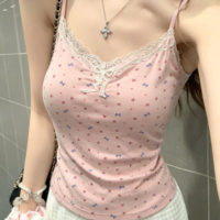 Chemise Camisole Légère et Douce à Pois Floraux avec Bordure en Dentelle, Col en V et Nœud Décoratif, Sans Manches, Camisole Basique pour Femmes