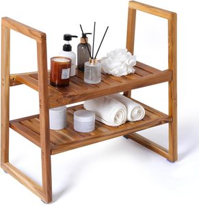 티크 샤워 벤치-무기 수납 선반 샤워 시트 나무 욕실 <span class=keywords><strong>2</strong></span> 단 스파 목욕 - Product Image 1