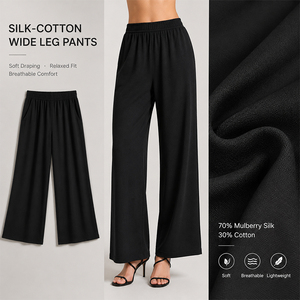 Pantalon large pour femme en soie de mûrier, taille haute, coupe droite, noir, long, avec logo personnalisé, doux, respirant, qualité supérieure - Product Image 1