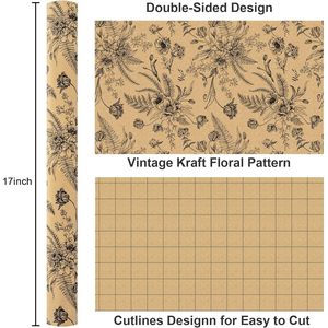 Kraft Floral Wrapping Paper Black Brown 46.8 Sq Ft Recyclable Gift <b>Wrap</b> for Birthday <b>Bridal</b> - Product Image 3