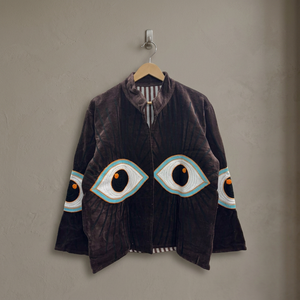 <b>Velvet</b> Floral Woven Stand Collar Bomber <b>Jacket</b> with Embroidered Eyes Full Sleeve Eco-Friendly Vintage Winter Women's - Product Image 2