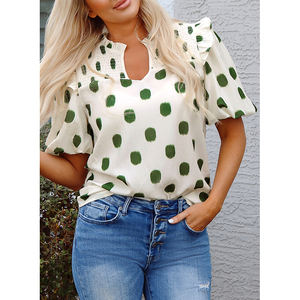 Dear-Lover grosir DDP udara dukungan pengiriman Polka Dot cetak Shirred Yoke berlekuk leher balon lengan blus atasan wanita - Product Image 3