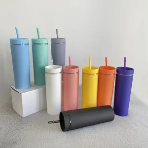 Unieke Wedding Party Favor 16Oz Matte Gekleurde Dubbelwandige Acryl Plastic Skinny Tumbler Mokken Soft Matte Cup Met Rietjes