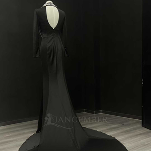 Robe de mariée noire Nt24 à épaules dénudées avec collier de perles, traîne Watteau, élégante robe de mariée sirène, drapée, ornée de strass, 100% soie - Product Image 5