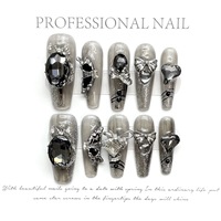 TSZS Ongles à presser de luxe, forme cercueil moyenne conique, faits main, avec décorations géantes en cristal et alliage, en acrylique, pour salons et vente en gros