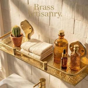 Étagère murale de salle de bain en laiton massif gravé, organisateur de rangement en métal martelé fait main de style marocain pour la décoration de la maison et de la salle de bain - Product Image 2