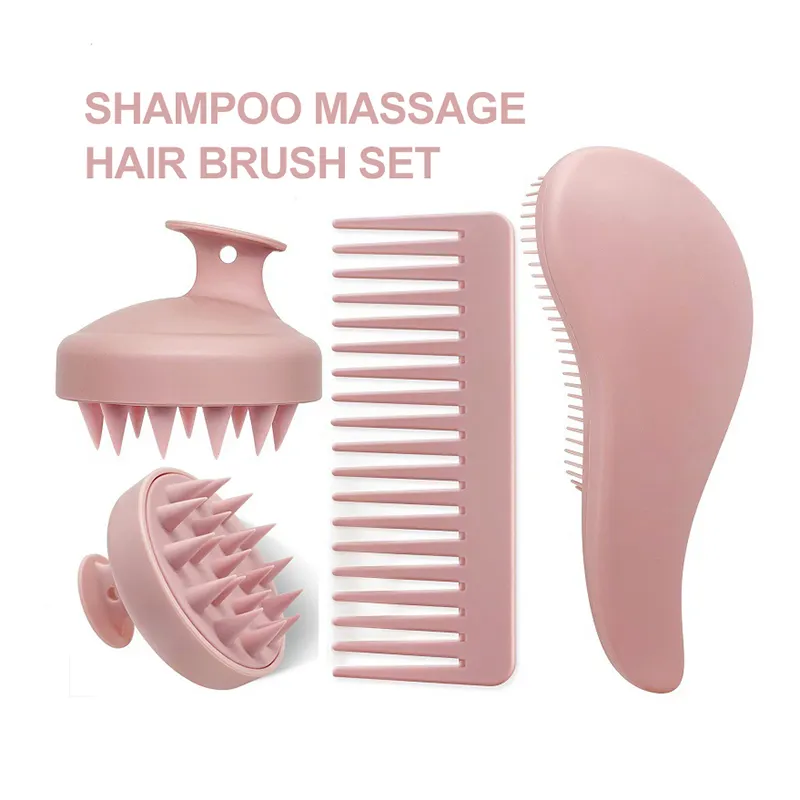 Matériel ABS rose 3 pièces ensemble de brosse à cheveux avec peigne démêlant à dents larges masseur de cuir chevelu brosse à shampooing pour cheveux secs humides