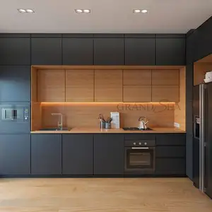 Mới hiện đại bằng gỗ veneer Matt sơn mài hoàn thành màu đen tủ bếp thiết kế