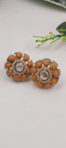 Boucles d'oreilles en forme de fleur, bijoux en argent 925, boucles d'oreilles en corail avec pierres orange et cristaux disposés dans un motif floral, ensemble - Product Image 3