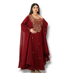 Women's Maroon Embroidered Abaya Floor Length Long Sleeve Floral Pattern Elegant Wedding Dress India Pakistan Style - Product Image 1