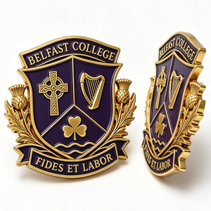 Belfast College Crest <b>Badge</b> Gold Plated Zinc Alloy Hard Enamel Double Side Religious Emblem Business Gift - Product Image 1