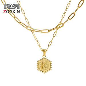 ZOGXIN 18K Gold Plated Stainless Steel Double Layer Necklace Hexagon Pendant With Letter K For Gift - Product Image 1