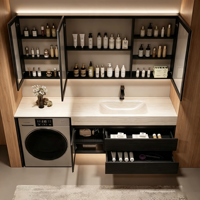 Meuble de salle de bain avec lave-linge intégré pour balcon et vasque intégrée en pierre frittée thermoformée