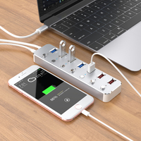 Hub de répartition 7 ports en alliage d'aluminium 12V4A avec alimentation USB 3.0, charge rapide et transfert de données 5 Gbps, certifié ROHS, en stock