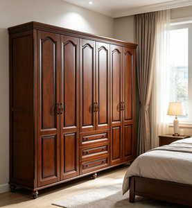 Armario Extra Grande de Madera Maciza con 6 Puertas y 3 Cajones, Armario de Dormitorio Retro de Nogal para Ropa - Product Image 5