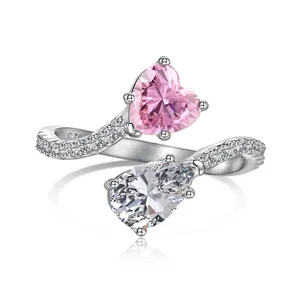 Dylam glassed Out S925 Sterling Silver due pietre apribile anello Cz Cubic Zirconia giallo rosa cuore anelli gioielli donna