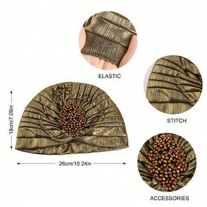 Venta al por mayor de turbantes para mujer con accesorios metálicos, sombrero indio de poliéster sólido, de lujo, transpirable, étnico, musulmán, para uso diario. - Product Image 3