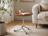 Table d'appoint ronde moderne avec plateau en bois et base chromée, table d'appoint pour salon, chambre à coucher, meuble de décoration pour la maison