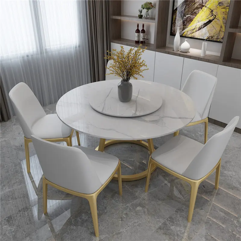 2021 New design 4 and 6 seat velvet chairs round Rotary marble top modern dining table set