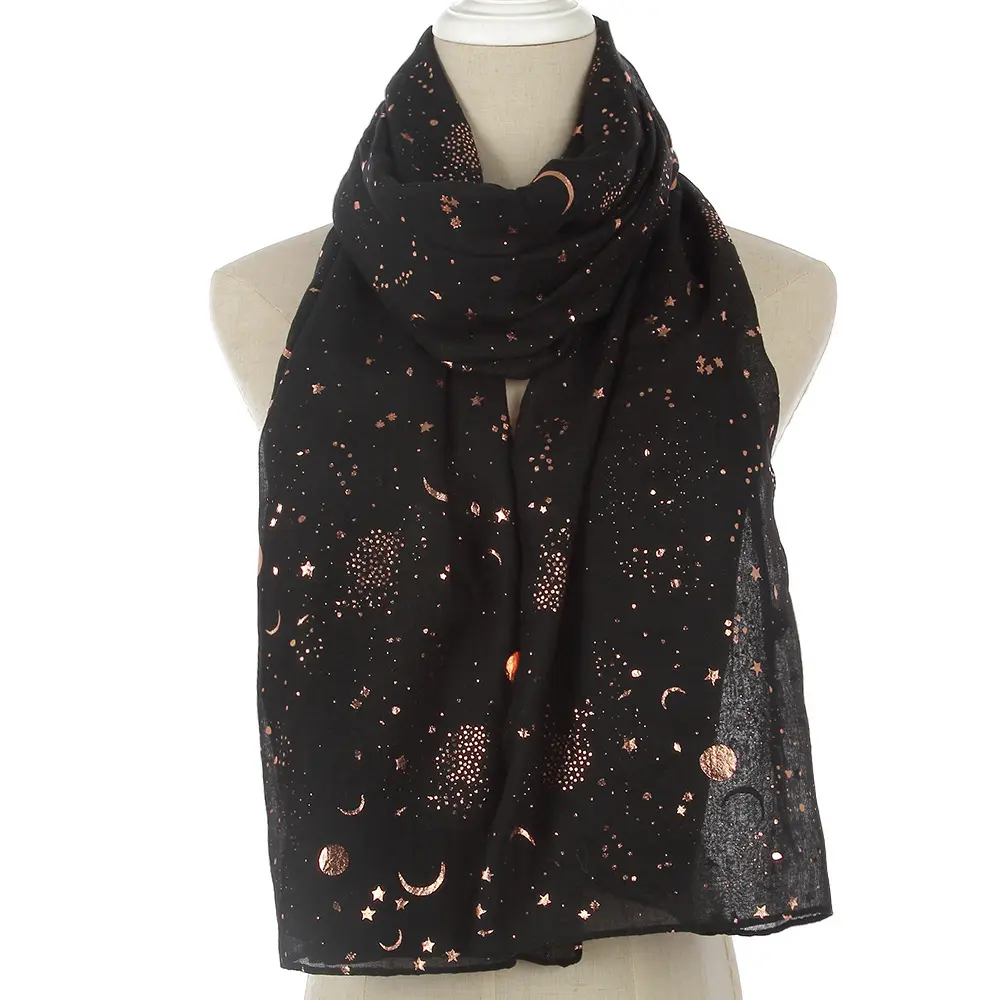 Trendy Summer Indoor Shawl Scarves Black White Star Sun Moon Shiny Metallic Gold Foil Stamped Print Thin Long Scarf for Women