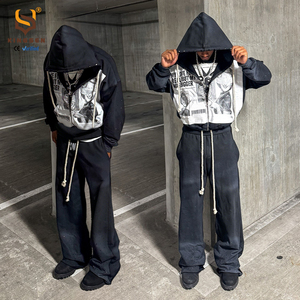 Custom Zip up Acid Wash Vintage Rhinestone Embroidery <b>Distressed</b> Patch Heavyweight Cotton Hoodie and Sweat Pants Tracksuits Men - Product Image 1