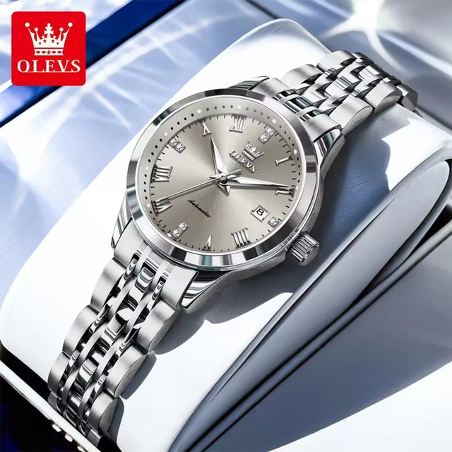 OLEVS 7062 Calendar Luxury Watch Waterproof Luminous Womens Automatic Mechanical Movement Watch Stainless Steel Strap Date Clock