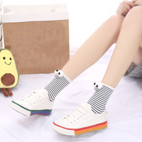 Dessin animé noir et blanc femmes mi-tube chaussettes respirant tricoté longueur d'équipage avec 3D grands yeux rayures bords bouclés