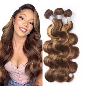 Extension di Capelli Umani Brasiliani Remy Ondulati 10A con Highlights P4/27 Colore Piano Vendita all'Ingrosso - Product Image 1