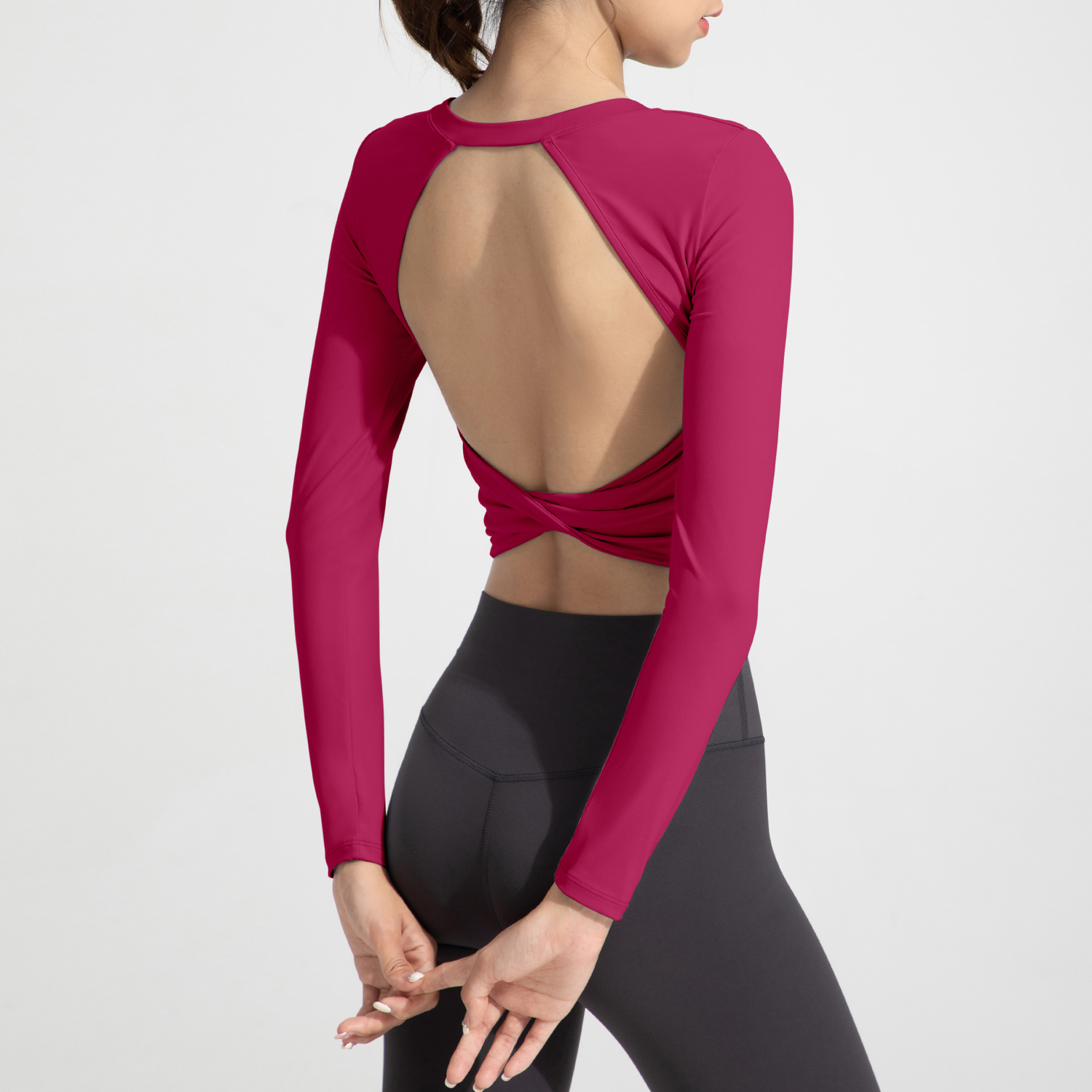 High Cut Design Tight Slimming Women's Back-beautifying Backless Cross-twist Yoga Wear Short-style Long-sleeve Yoga Top