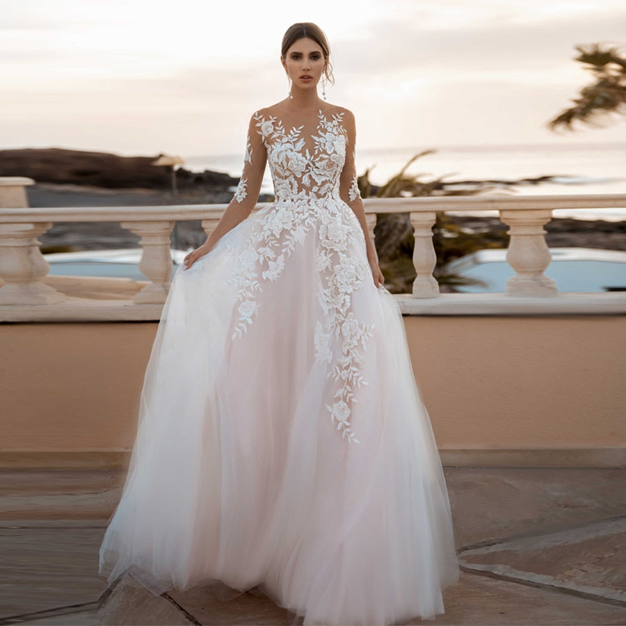 Sheer 3/4 Sleeves See Through Floral Applique Blush Wedding Dress Sexy Illusion Lace Wedding Gowns