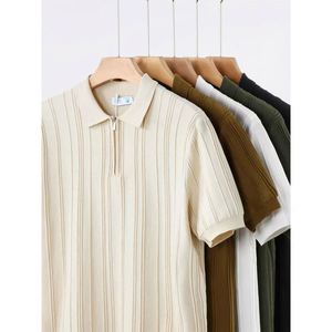 Maxfree Men Clothing Vertical Pattern Short <b>Sleeve</b> Summer Slim-Fit Polo Knit <b>T</b>-<b>Shirt</b> Casual <b>Half</b>-Zip Top Knitted Sweater - Product Image 6