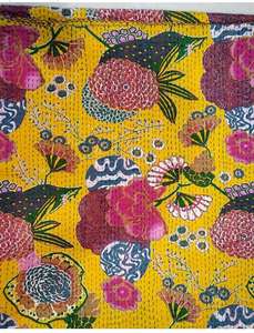 Colcha Kantha Vintage Bohemia Cosida a Mano, Lavable, con Patrón Floral Amarillo, Decoración para el Hogar, para Todas las Temporadas - Product Image 5
