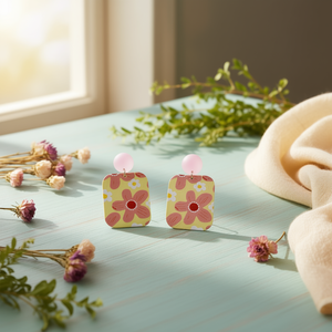 Boucles d'oreilles pendantes en acrylique floral, motif fleur jaune et rose, accessoire de mode mignon pour femme - Product Image 2