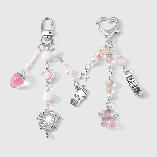 Fashion Keychain Zipper Mobile Phone Keychain Pendant Cartoon pink Beaded Strawberry Keychain