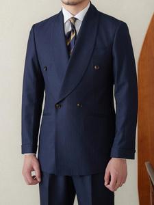 Abito da uomo slim fit retrò blu navy a righe, doppiopetto con collo a scialle, per matrimonio o affari - Product Image 6