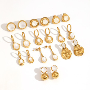 Geometric <b>Cat</b> Eye Stainless Steel Drop Earrings 18K Gold Bezel Setting Everyday Wear - Product Image 3