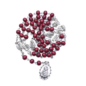 Collier chapelet en perles de bois, longue chaîne, argent tibétain, bijoux religieux unisexe, couleur bordeaux et pin noir - Product Image 5