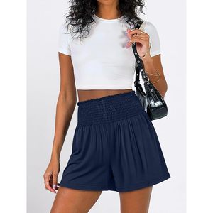 ANRABESS Women's High Waisted Smocked Shorts Breathable Polyester Summer Casual Lounge Beach Wear With <b>Pockets</b> - Product Image 6